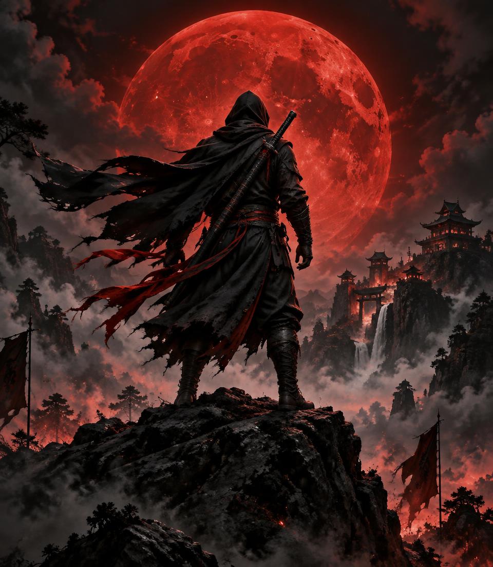 Shinobi diante de uma lua vermelha